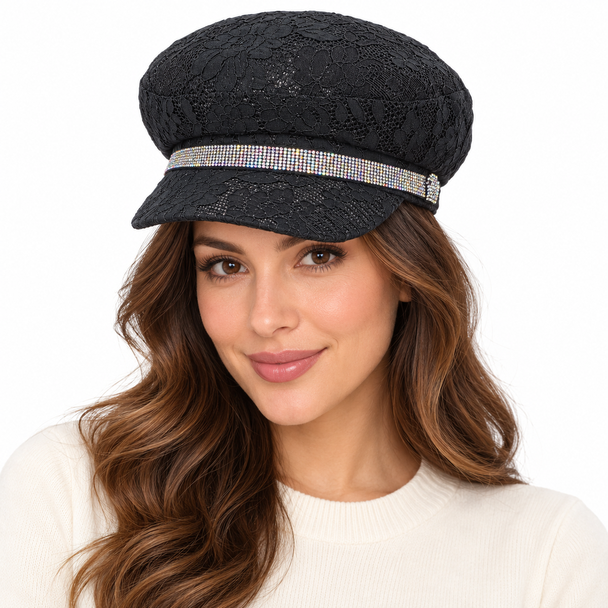 Model wearing Lace Rhinestone Paperboy Cap