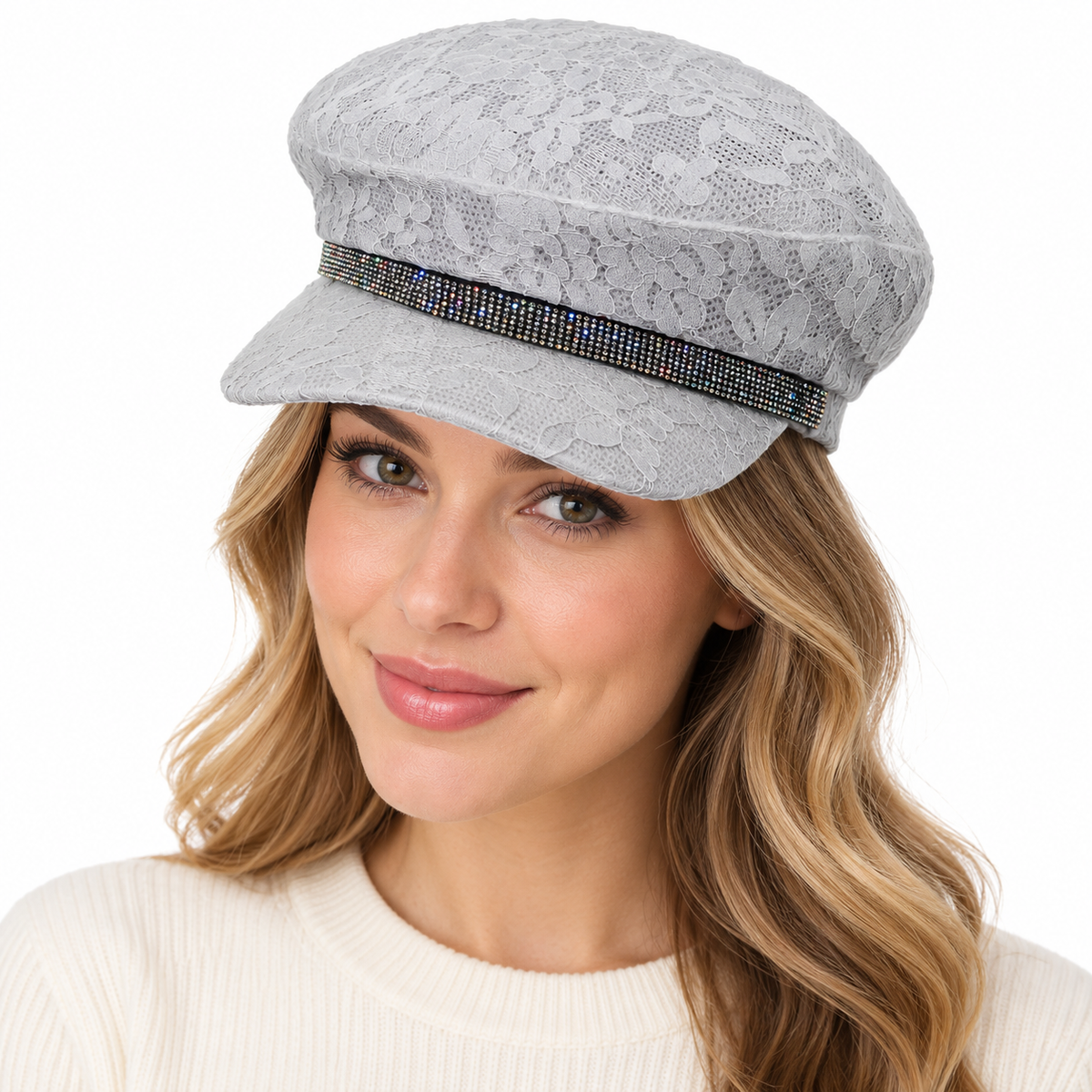 Model wearing Lace Rhinestone Paperboy Cap