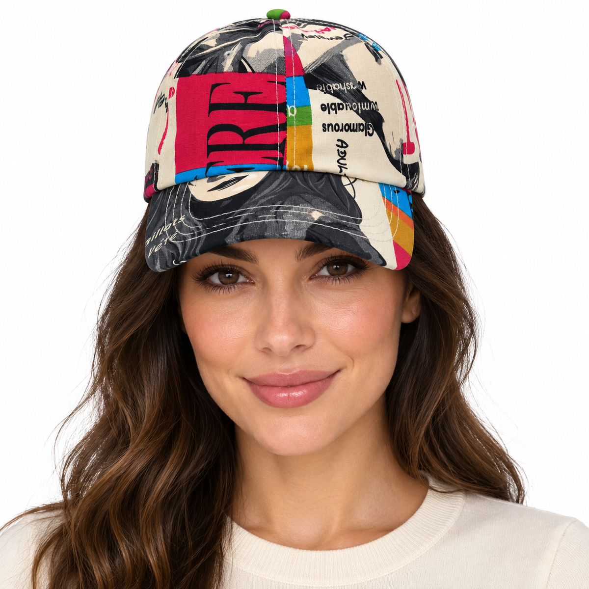 Model wearing Magazine Print Baseball Cap: CA060