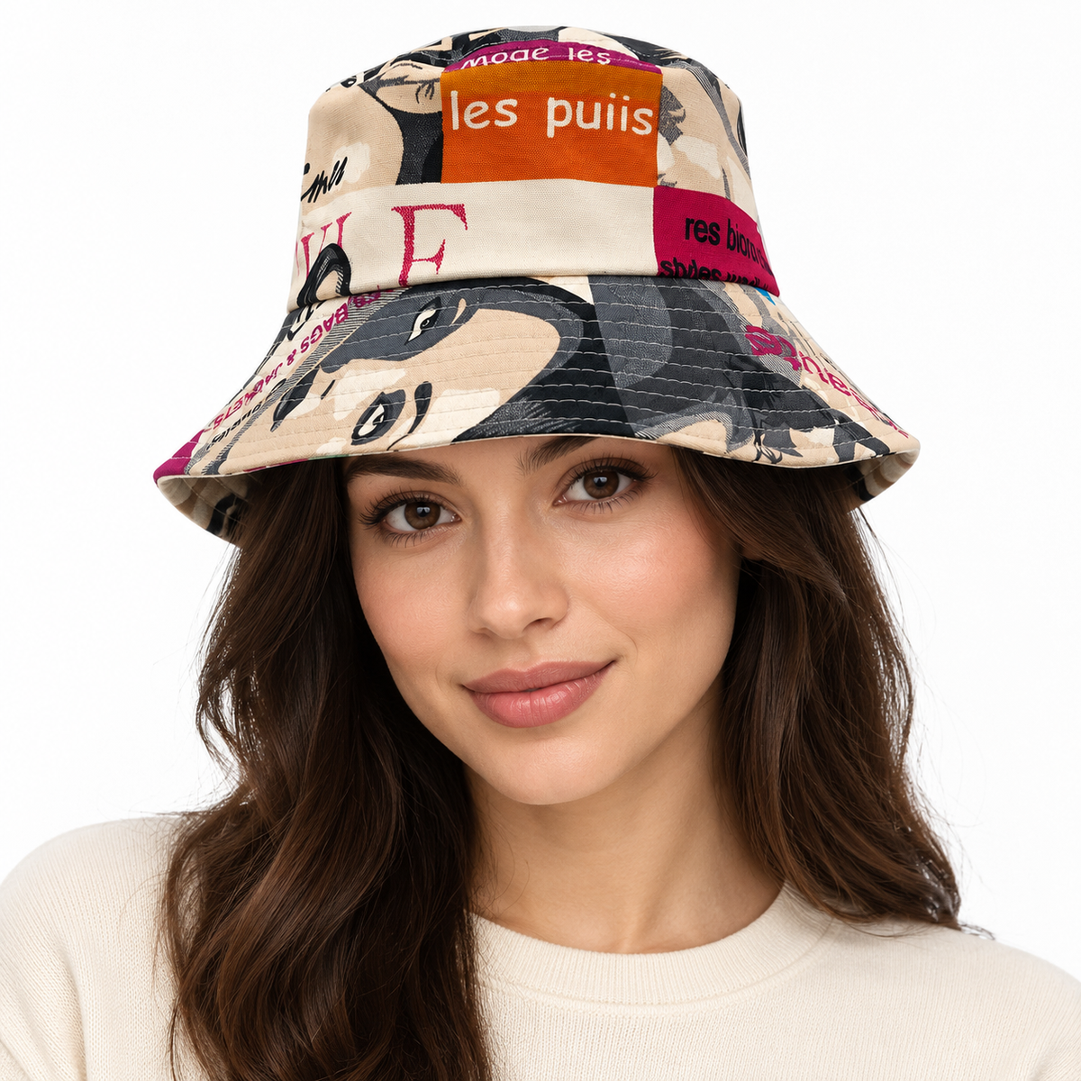Model wearing Magazine Print Bucket Hat: CA061