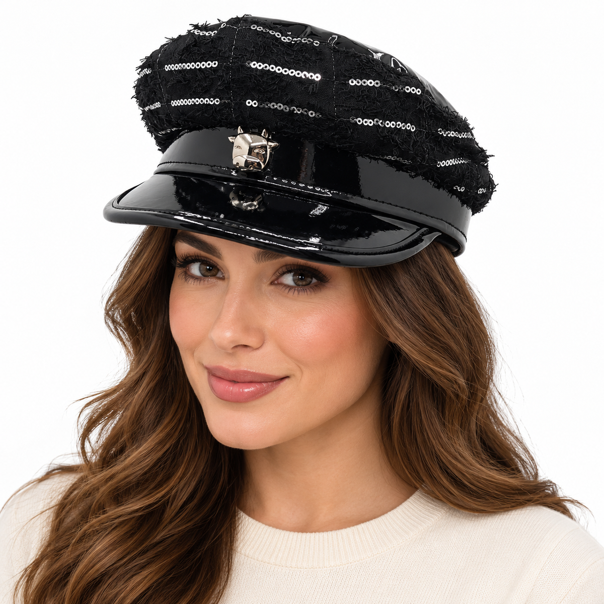 Model wearing Shiny Military Style Hat