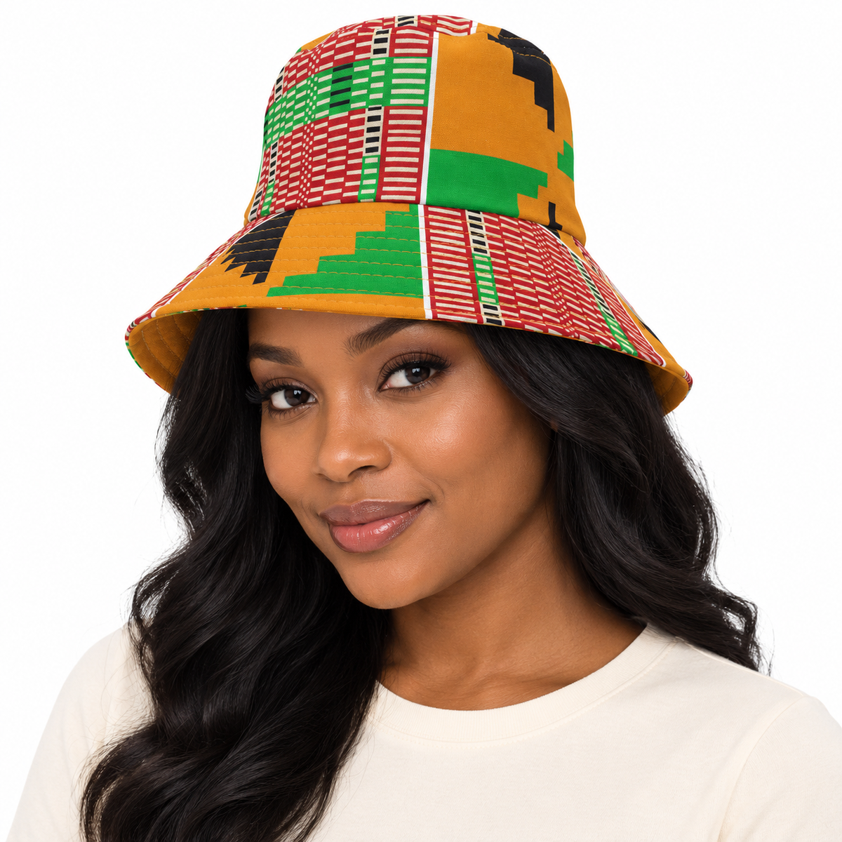 Model wearing African Print Bucket Hat: CA071