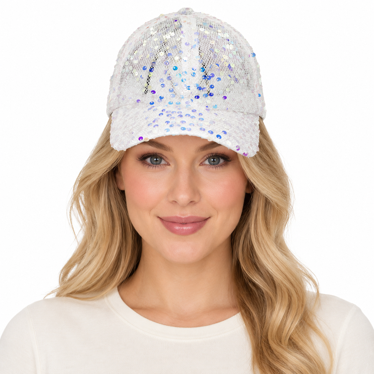 Model wearing Baseball Cap: CA2314 White with AB Sequin Cap