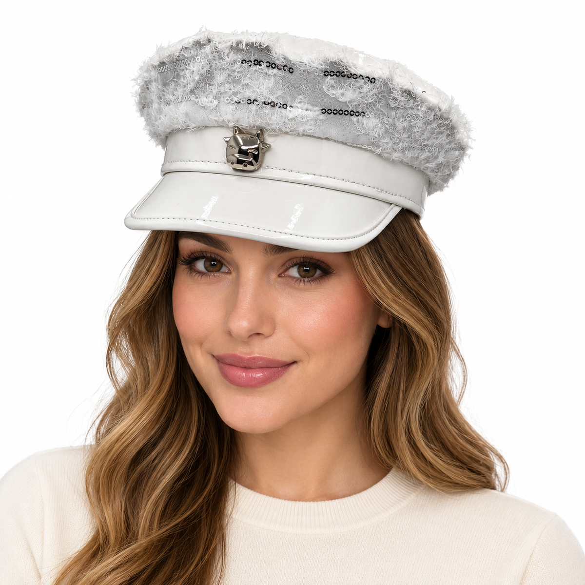Model wearing Military Style Hat: HA8661 White Military Style Hat w/ Metal Cow Detail