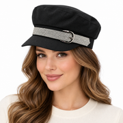 Model wearing Rhinestone Belt Paperboy Cap