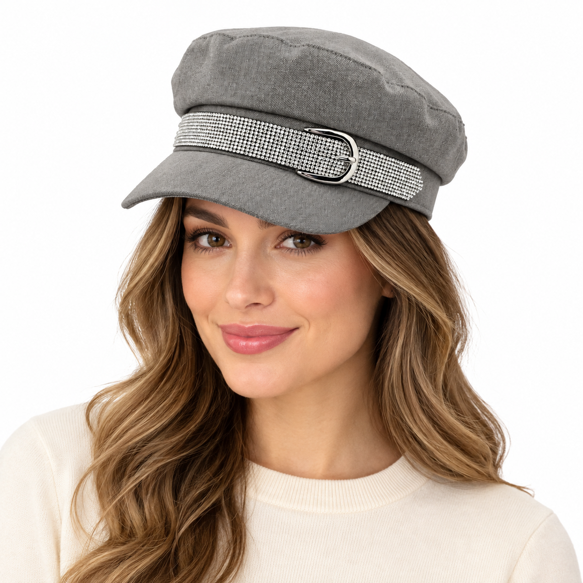 Model wearing Rhinestone Belt Paperboy Cap