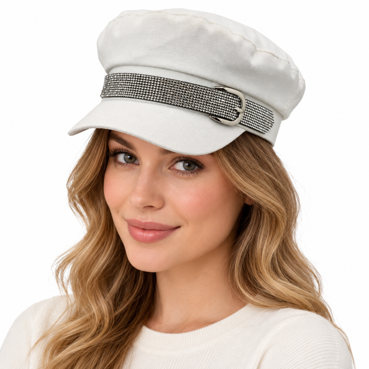 Model wearing Rhinestone Belt Paperboy Cap