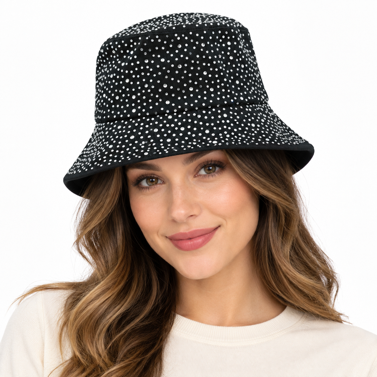 Model wearing Rhinestone Bucket Hat