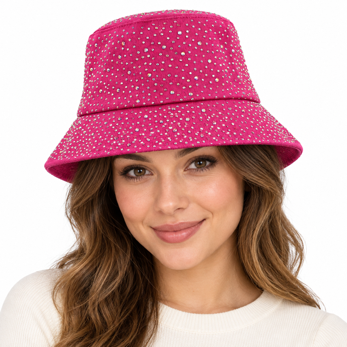 Model wearing Rhinestone Bucket Hat
