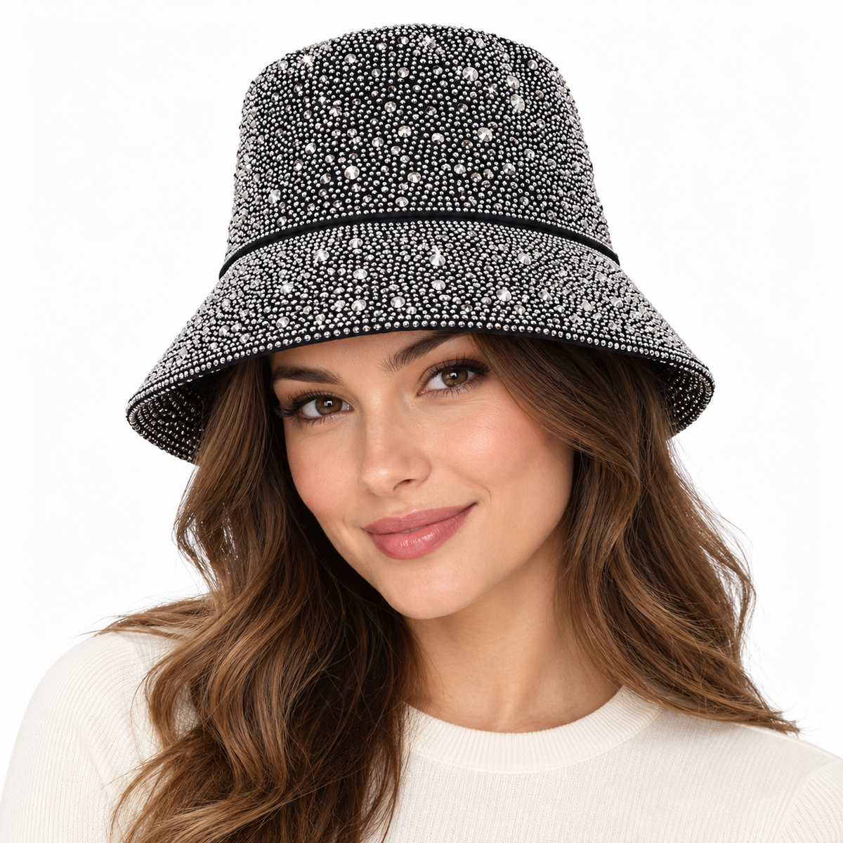 Model wearing Rhinestone Bucket Hat with Sparkle Trim
