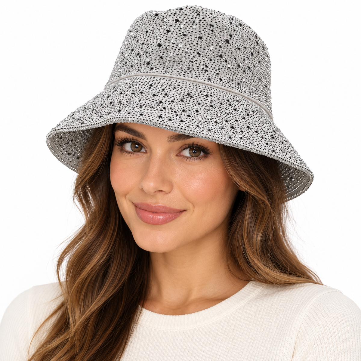 Model wearing Rhinestone Bucket Hat with Sparkle Trim