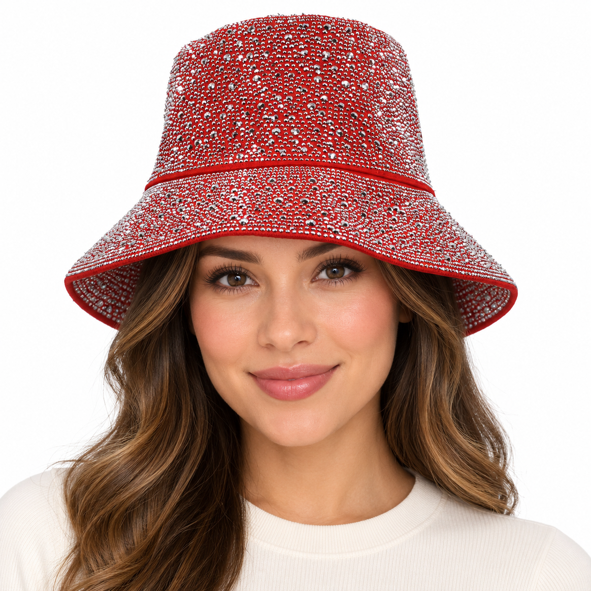 Model wearing Rhinestone Bucket Hat with Sparkle Trim