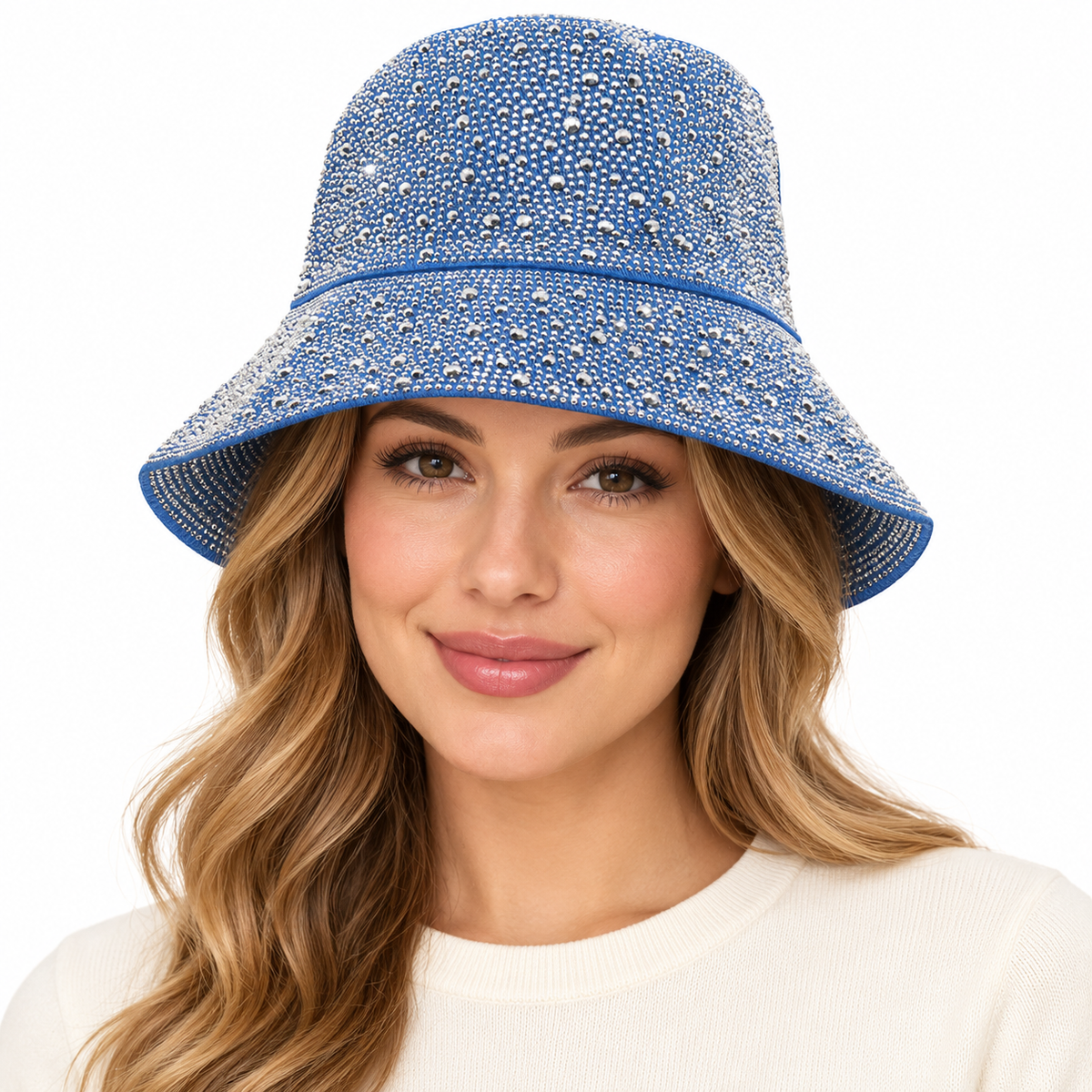 Model wearing Rhinestone Bucket Hat with Sparkle Trim