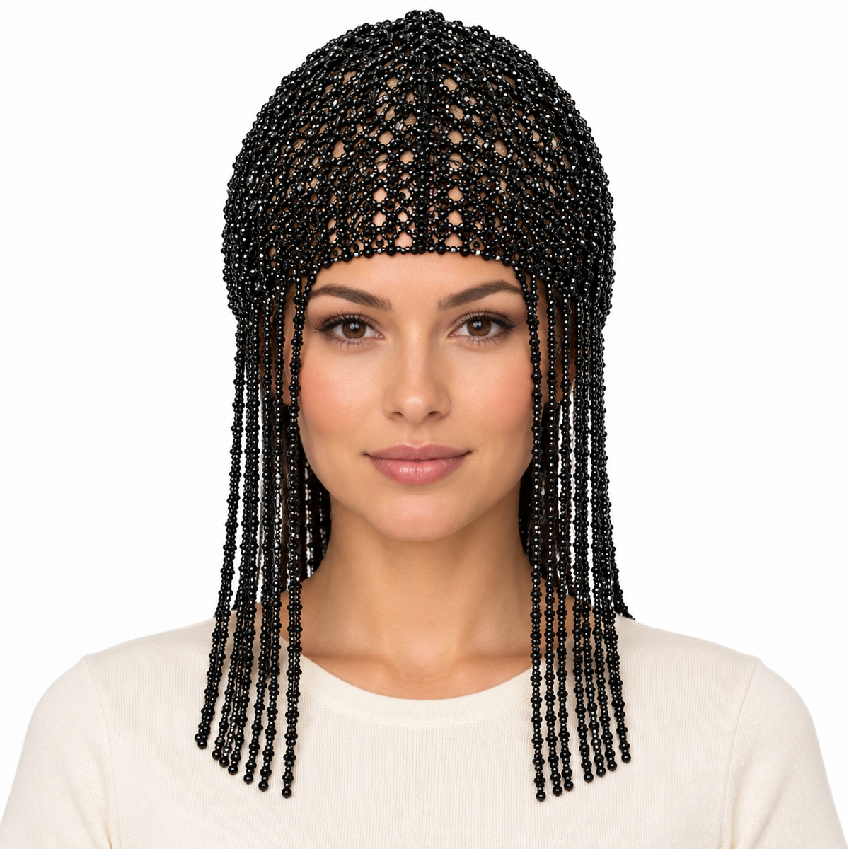 Model wearing Beaded Hat