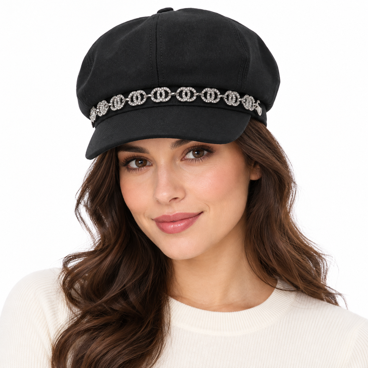 Model wearing Rhinestone Chain Paperboy Cap