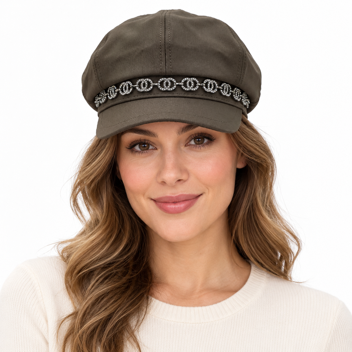 Model wearing Rhinestone Chain Paperboy Cap