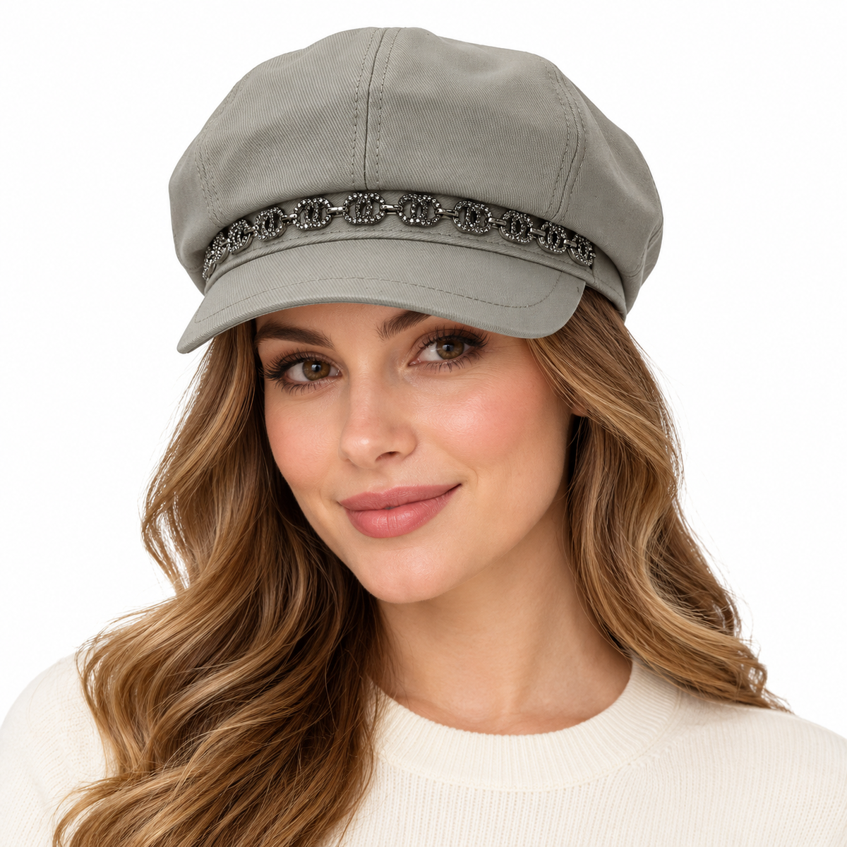 Model wearing Rhinestone Chain Paperboy Cap