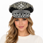 Model wearing Rhinestone Military Hat: HA913 BLA