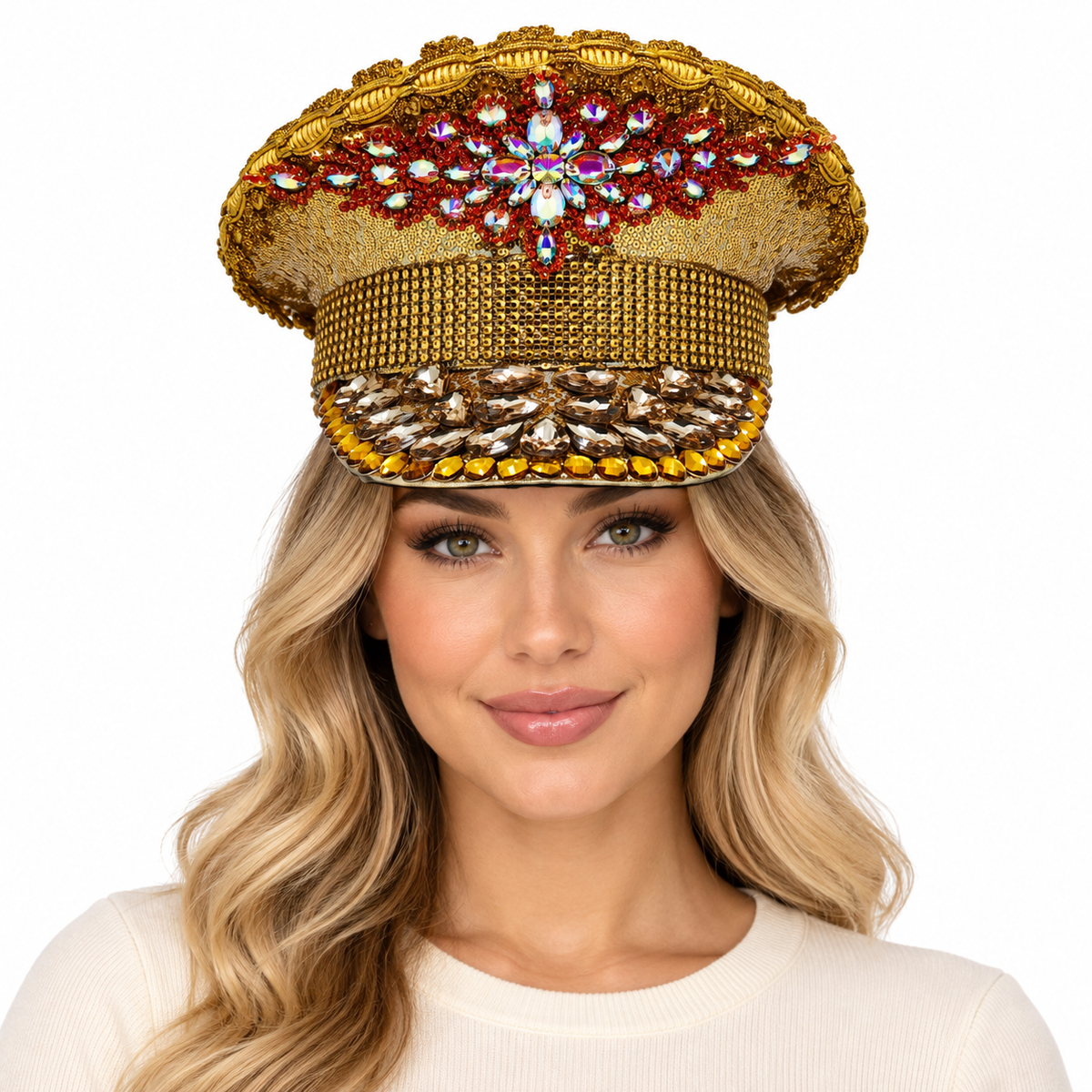 Model wearing Rhinestone Military Hat: HA913 GOL