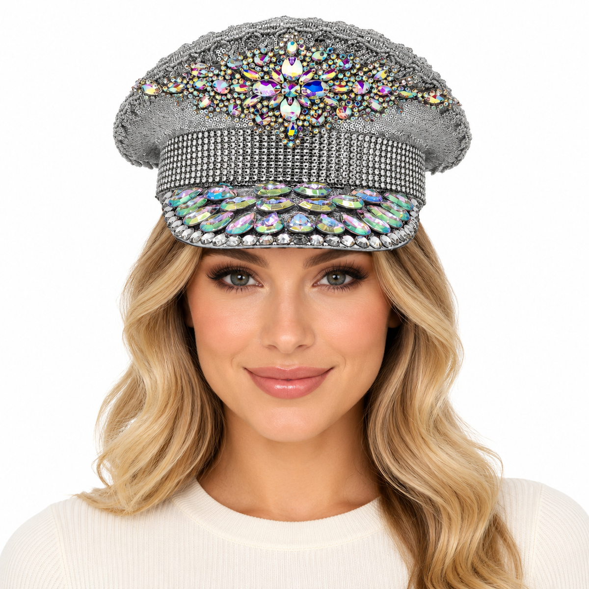 Model wearing Rhinestone Military Hat: HA913 SIL