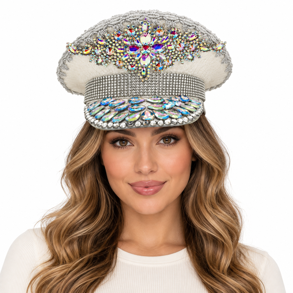 Model wearing Rhinestone Military Hat: HA913 WHI