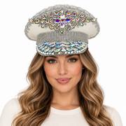 Model wearing Rhinestone Military Hat: HA913 WHI