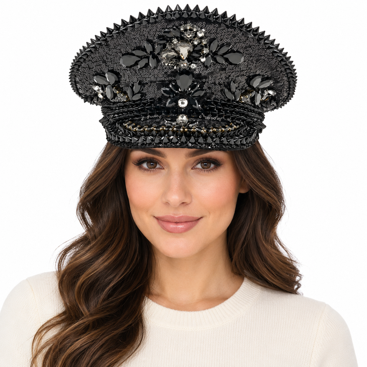 Model wearing Rhinestone Military Hat: HA914 BLA