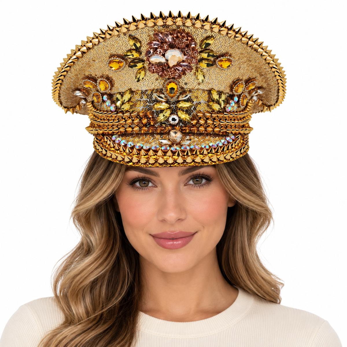 Model wearing Rhinestone Military Hat: HA914 GOL