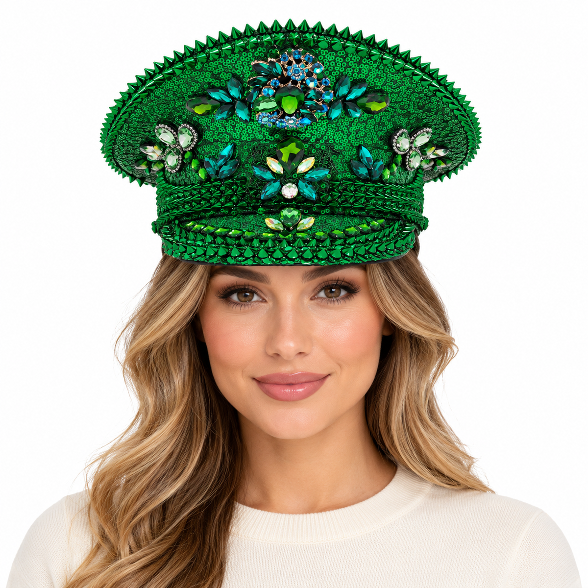 Model wearing Rhinestone Military Hat: HA914 GRE