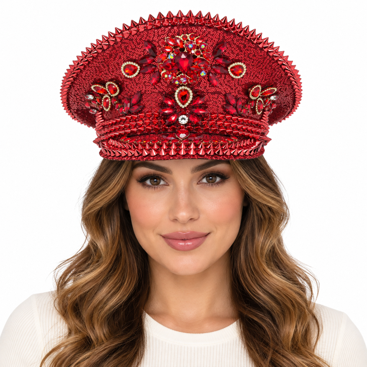 Model wearing Rhinestone Military Hat: HA914 RED