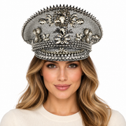 Model wearing Rhinestone Military Hat: HA914 SIL
