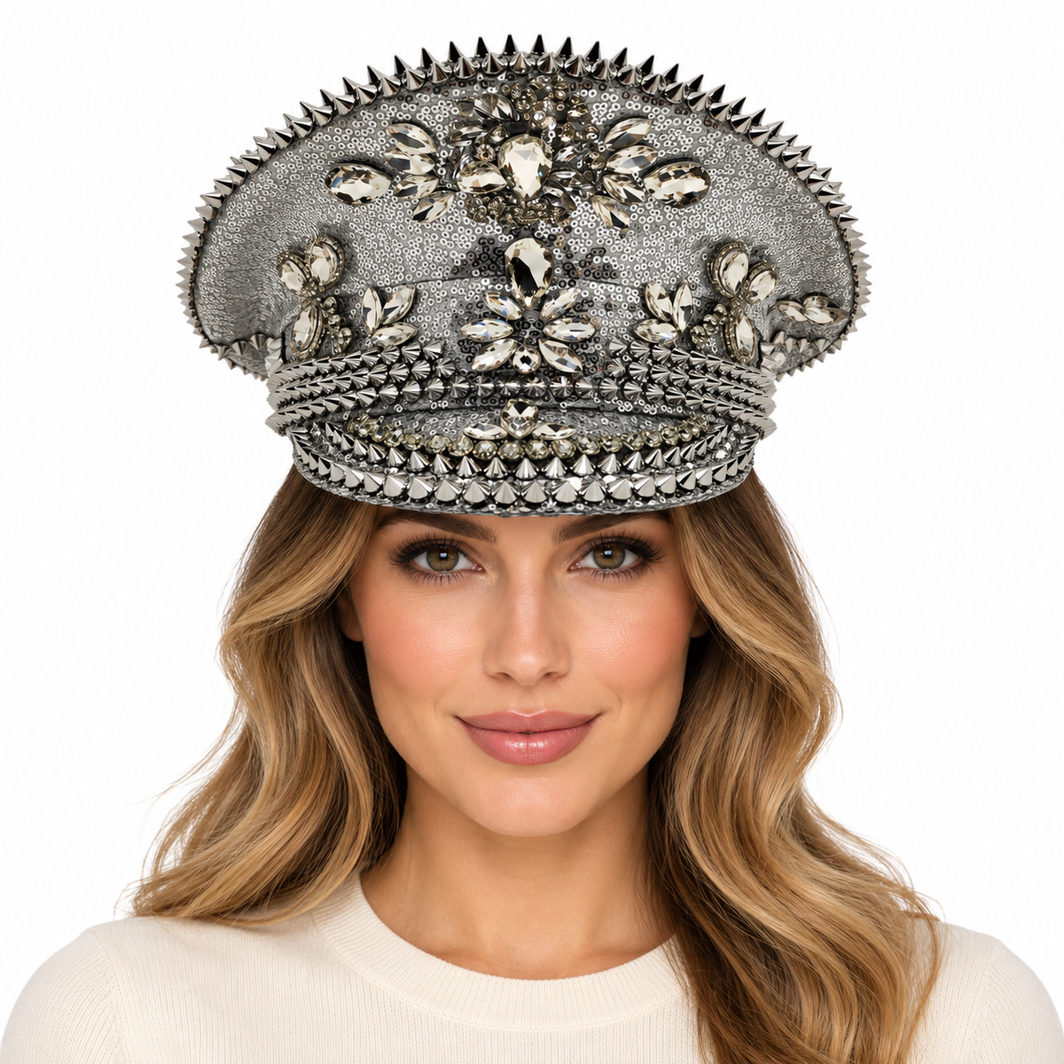 Model wearing Rhinestone Military Hat: HA914 SIL