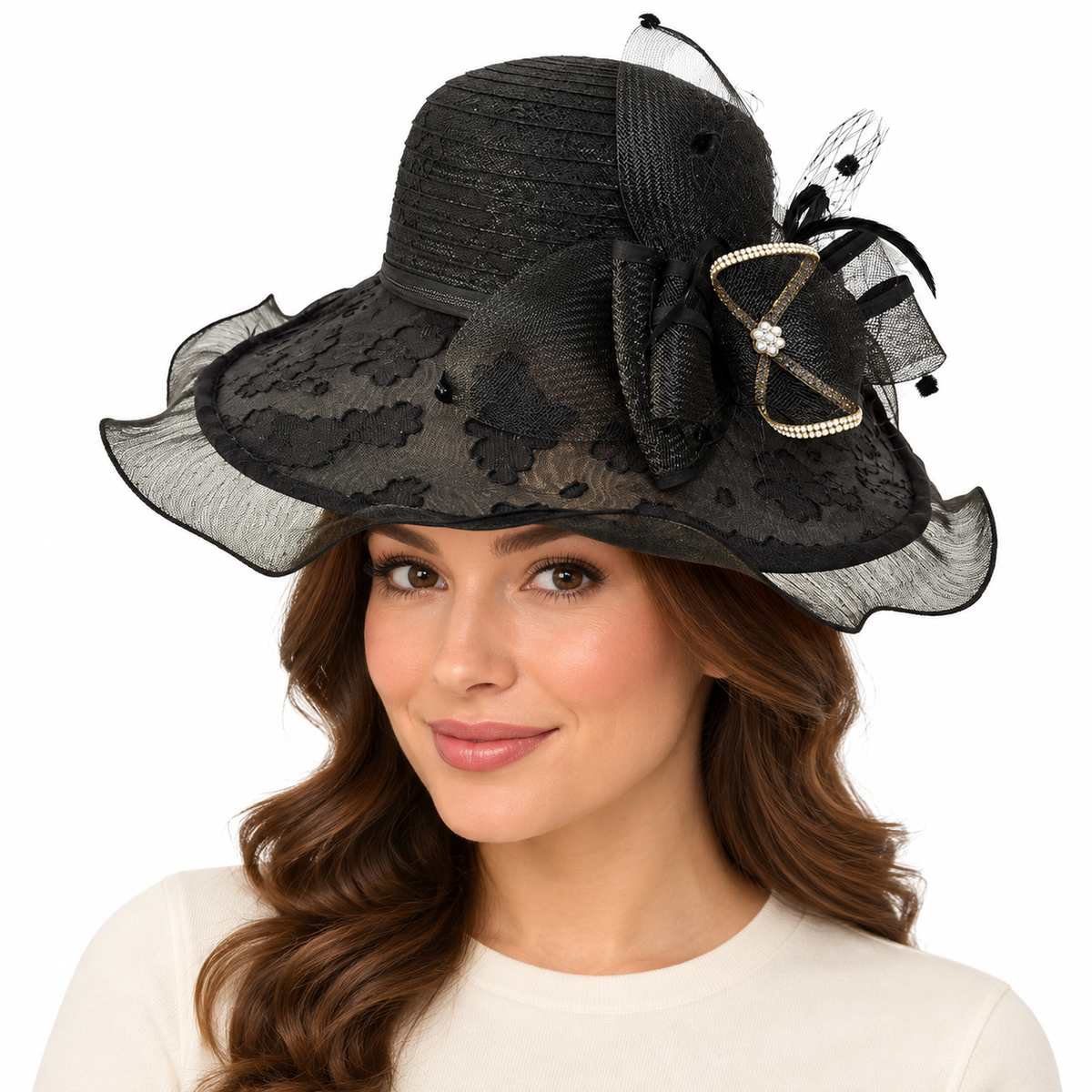 Model wearing Statement Floral Church Hat