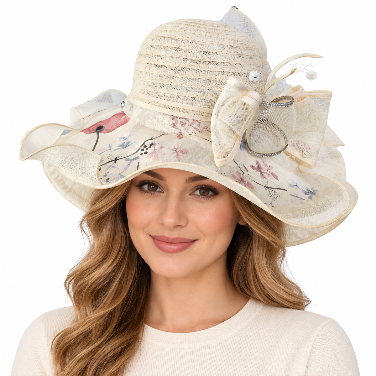 Model wearing Statement Floral Church Hat