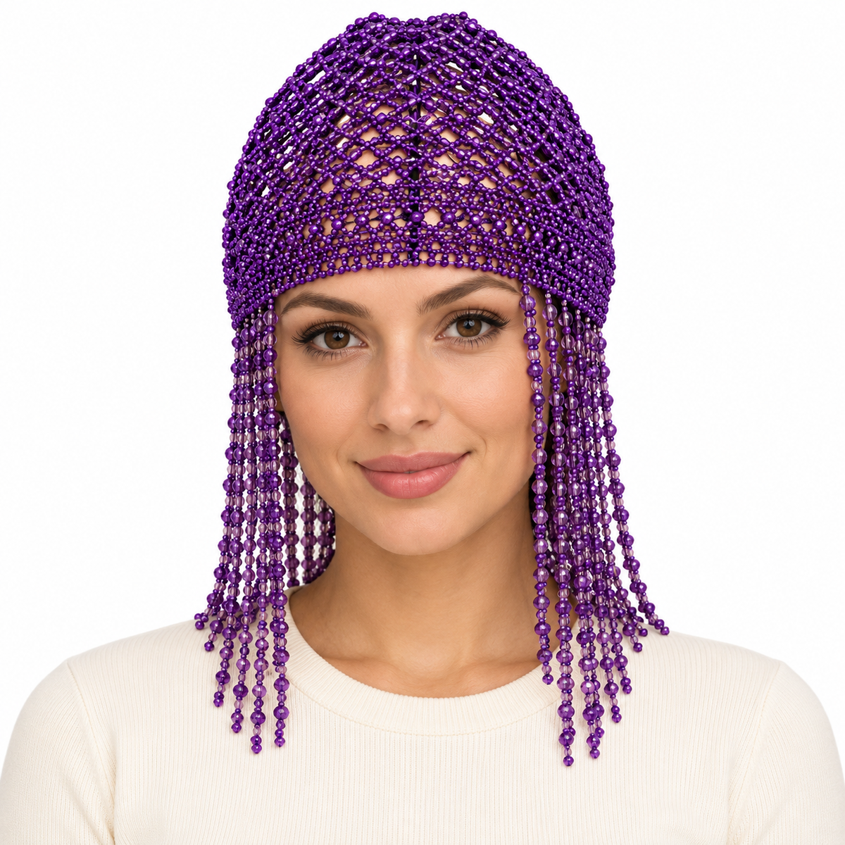 Model wearing Beaded Hat