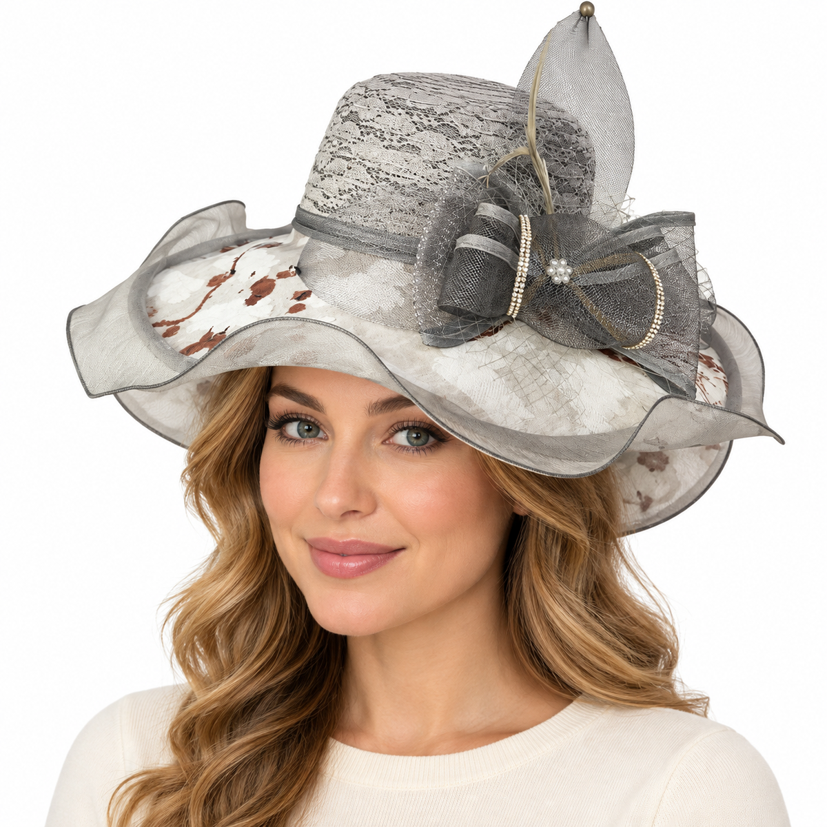 Model wearing Statement Floral Church Hat