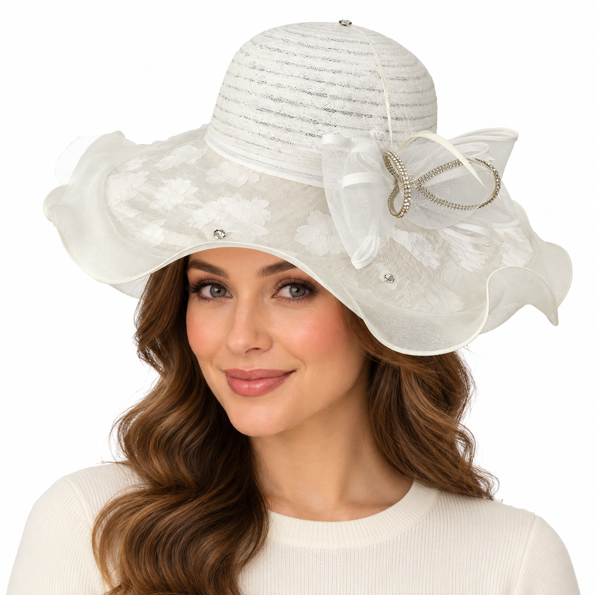 Model wearing Statement Floral Church Hat