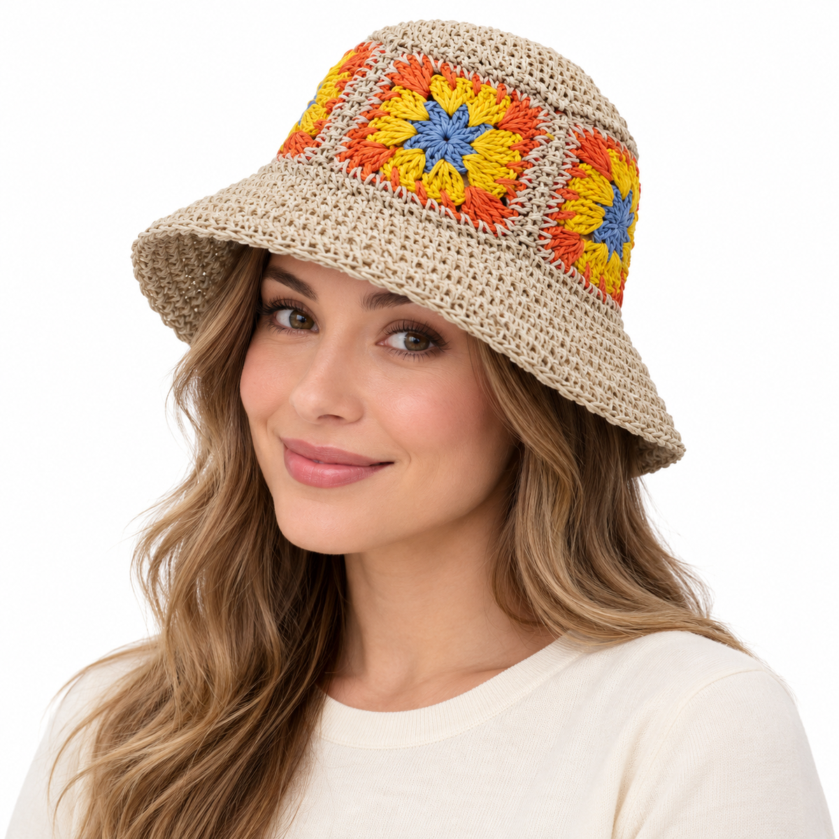 Model wearing Straw Bucket Hat