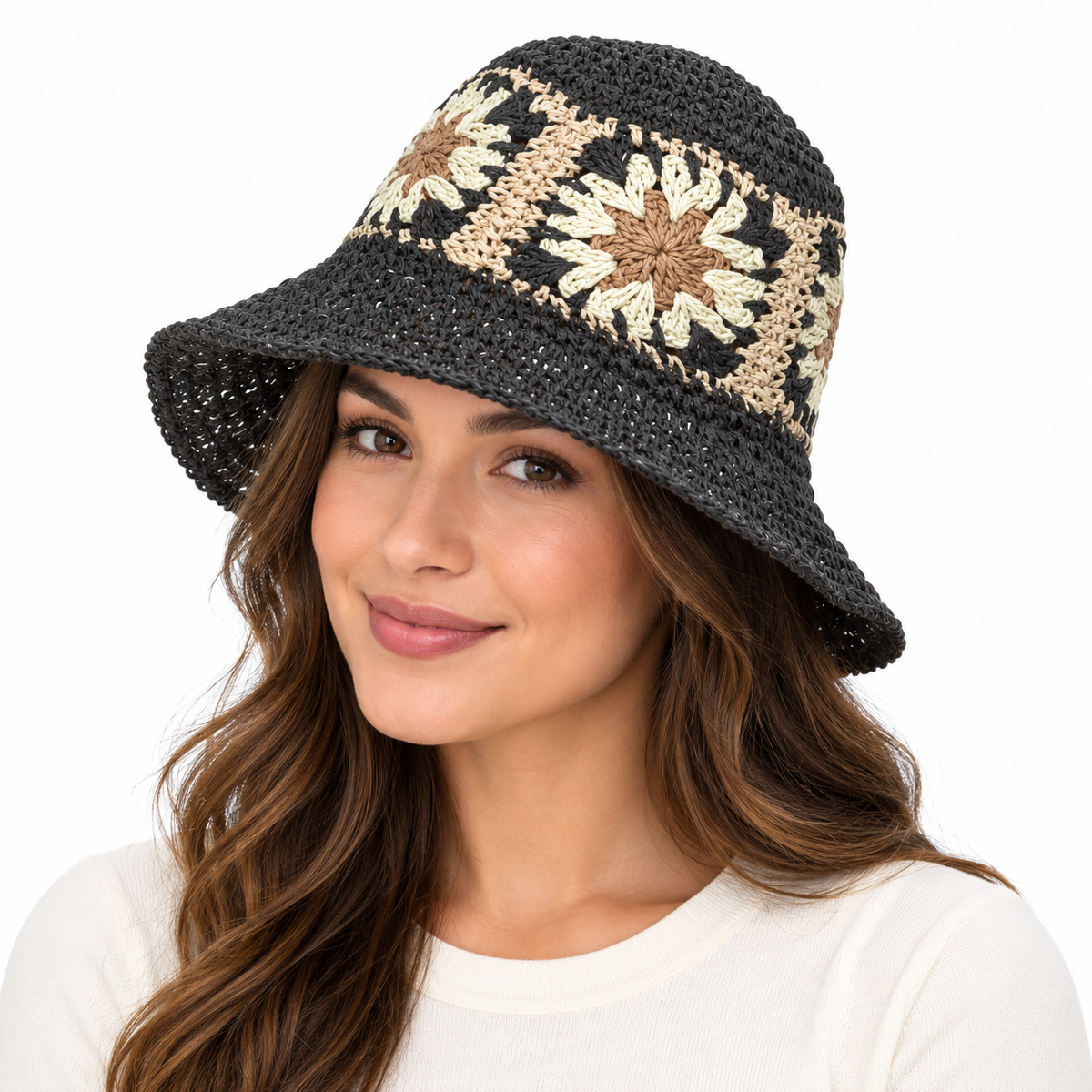 Model wearing Straw Bucket Hat