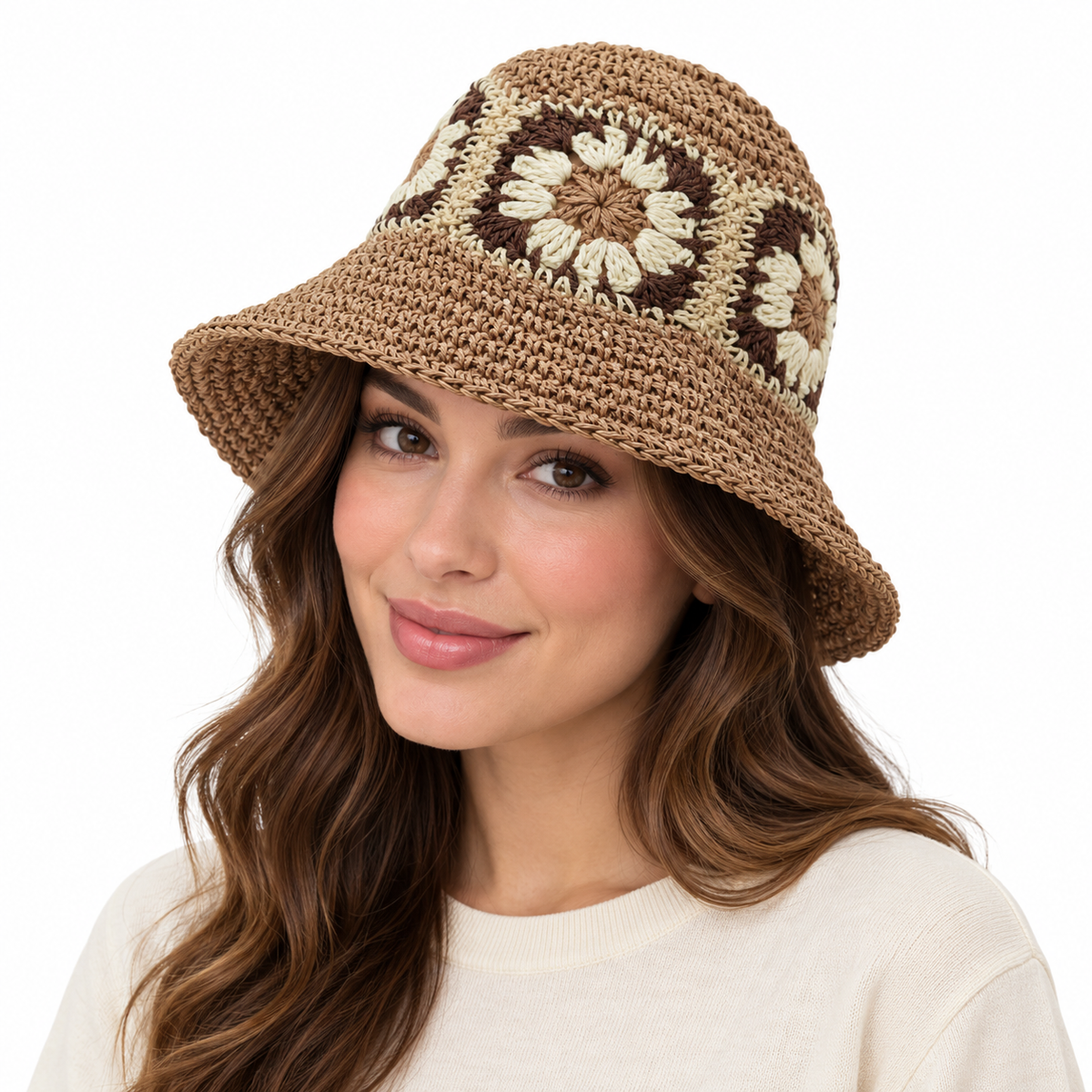 Model wearing Straw Bucket Hat