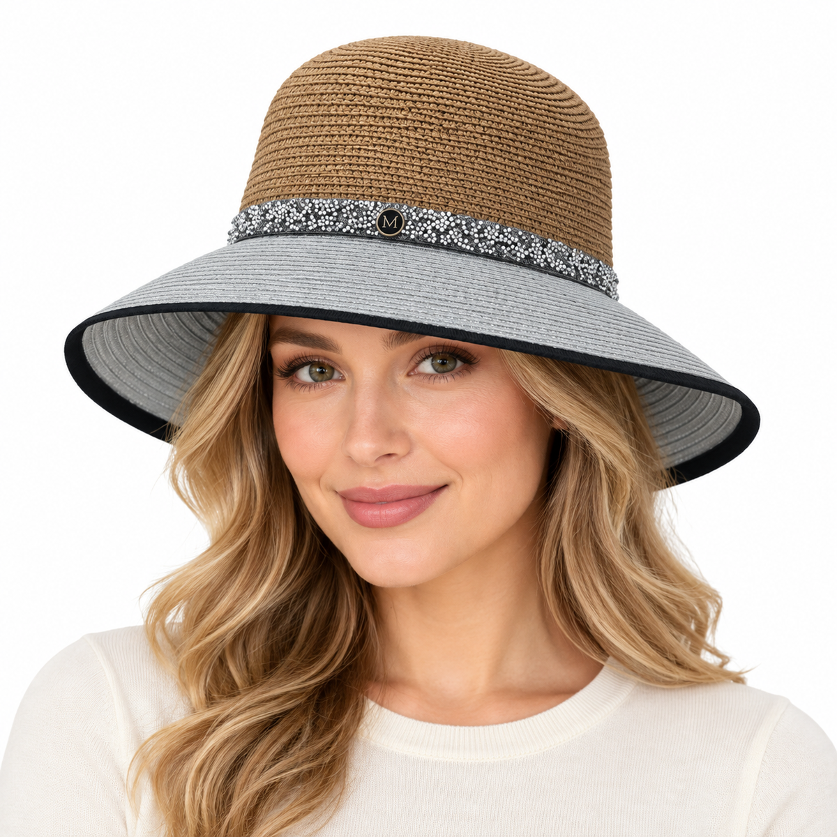 Model wearing Two-Tone Straw Sun Hat with Rhinestone Band