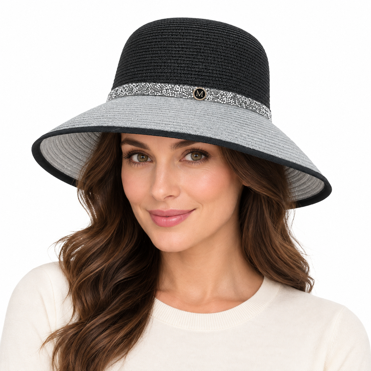 Model wearing Two-Tone Straw Sun Hat with Rhinestone Band