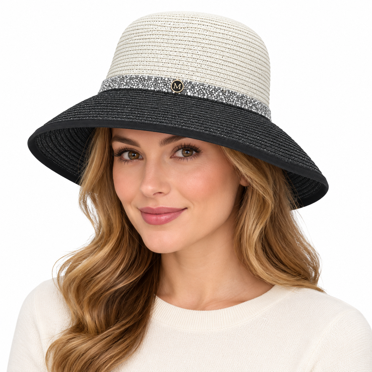 Model wearing Two-Tone Straw Sun Hat with Rhinestone Band