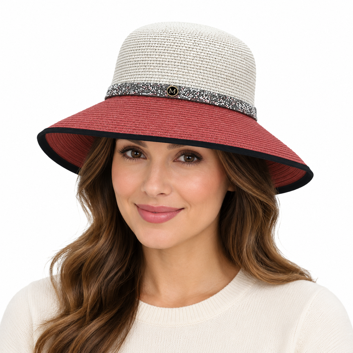 Model wearing Two-Tone Straw Sun Hat with Rhinestone Band