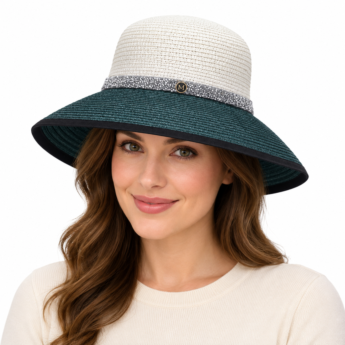 Model wearing Two-Tone Straw Sun Hat with Rhinestone Band
