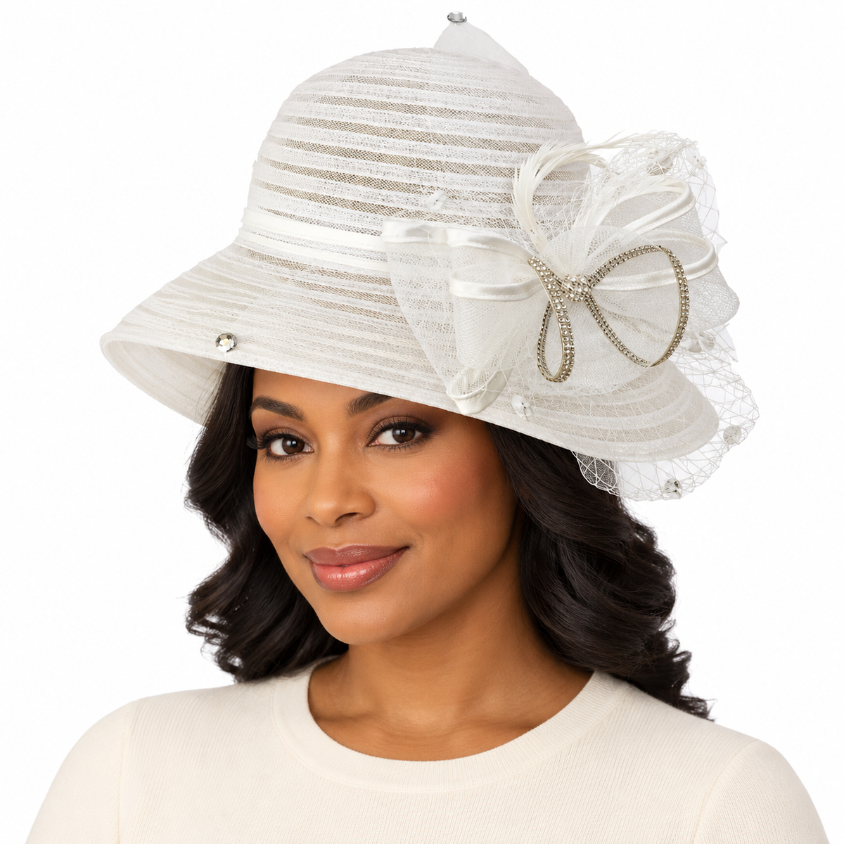 Model wearing Veiled Feather Church Hat