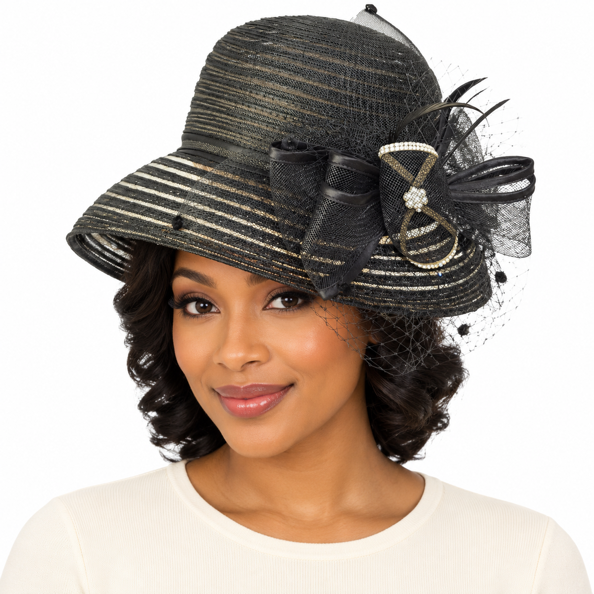 Model wearing Veiled Feather Church Hat