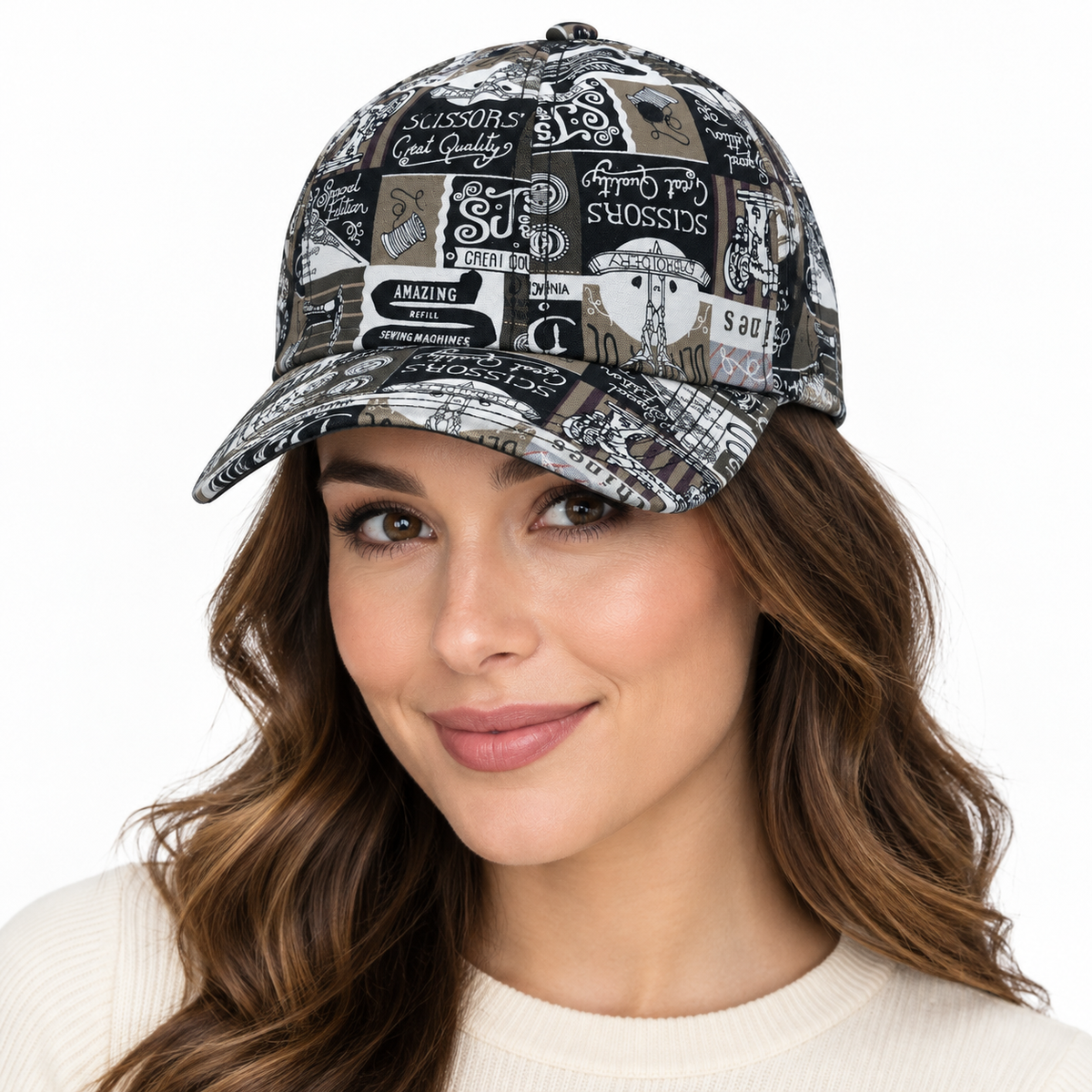 Model wearing Vintage Newspaper Print Baseball Cap: CA067