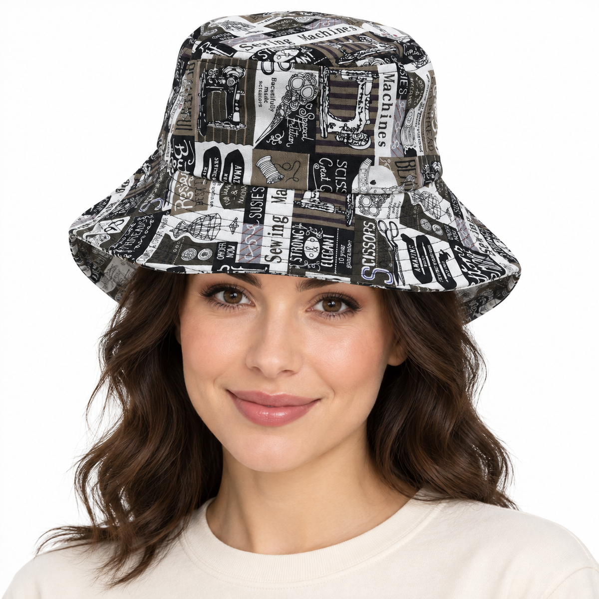 Model wearing Vintage Newspaper Print Bucket Hat: CA065