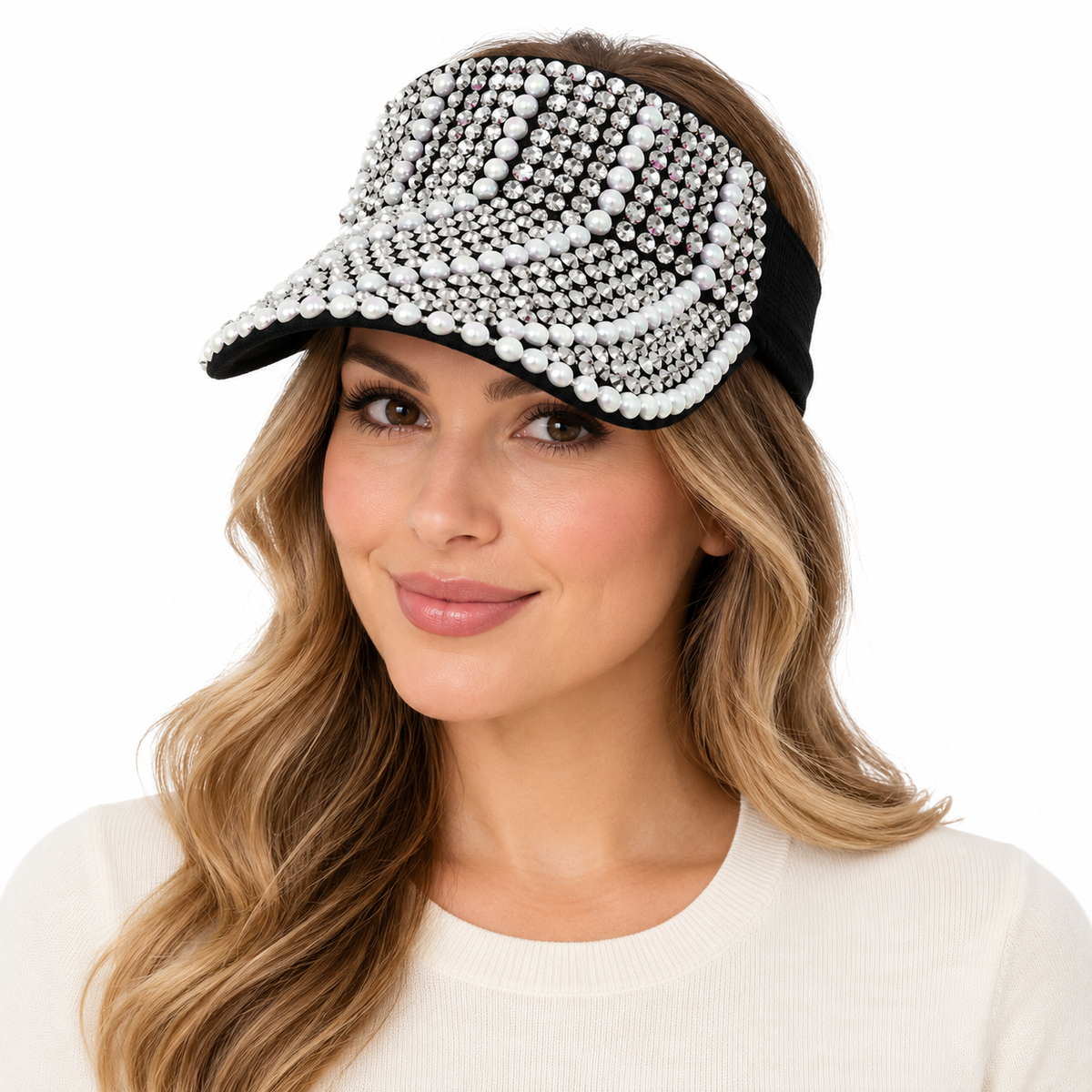 Model wearing Visor: CAV022 Black Visor with Pearl and Silver Rhinestones